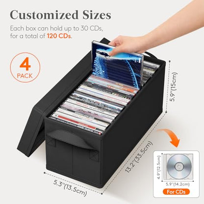 Lifewit CD Storage Box, Stackable CD Case Holder Organizer, Foldable CDs Container with Lid, Handles, Media Organizer Bin for Albums 13.2" L x 5.3" W x 5.9" H Holds up to 120 PCS CDs (30 Each), 4 Pack - size: For CD(13.2"L x 5.3"W x 5.9"H)