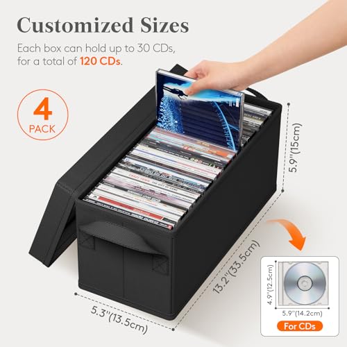 Lifewit CD Storage Box, Stackable CD Case Holder Organizer, Foldable CDs Container with Lid, Handles, Media Organizer Bin for Albums 13.2" L x 5.3" W x 5.9" H Holds up to 120 PCS CDs (30 Each), 4 Pack - size: For CD(13.2"L x 5.3"W x 5.9"H)