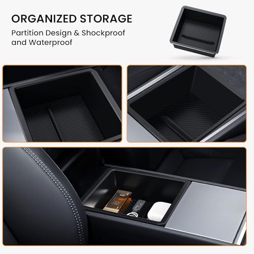 BANKKY Center Console Organizer for Tesla Model 3 Highland 2024-2026 & Model Y Juniper 2025-2026, 2PCS Armrest Storage Tray with Anti-Slip Liner, ABS Black Tesla Accessories - size: 2PCS (24-26) Model3 Black