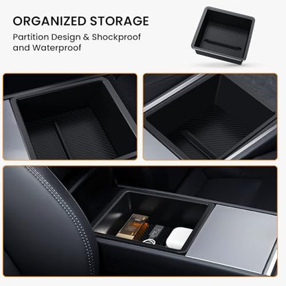 BANKKY Center Console Organizer for Tesla Model 3 Highland 2024-2026 & Model Y Juniper 2025-2026, 2PCS Armrest Storage Tray with Anti-Slip Liner, ABS Black Tesla Accessories - size: 2PCS (24-26) Model3 Black