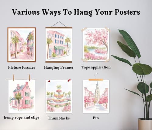 Isfvqyub Preppy Pastel Pink Charleston Wall Art, Aesthetic Coquette South Carolina Poster For Girl, Trendy Girly Church Street Wall Decor For Bedroom Dorm College Nursery, Set Of 6 -A14 - size: Pink Charleston