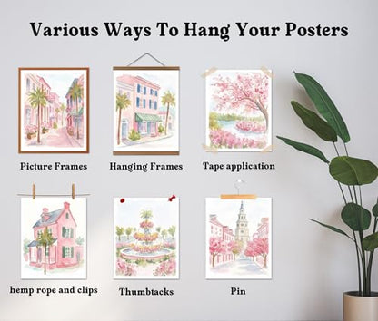 Isfvqyub Preppy Pastel Pink Charleston Wall Art, Aesthetic Coquette South Carolina Poster For Girl, Trendy Girly Church Street Wall Decor For Bedroom Dorm College Nursery, Set Of 6 -A14 - size: Pink Charleston