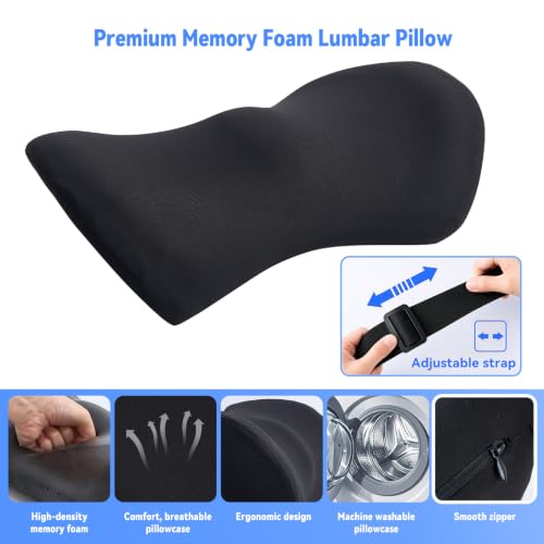 Lumbar Support Pillow for Office Chair and Car Seat, Lumbar Pillow with Adjustable Strap, Memory Foam Back Pillow for Lower Back Pain Relief, Back Support Pillow for Sitting, Driving, Traveling - color: Dark Black (With Strap)