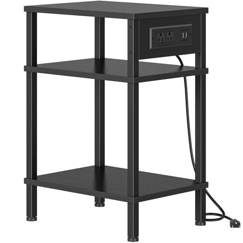 Creso hom Side Table with Charging Station, Tall End Tables Living Room, 21.7 Inch Skinny Night Stand with Storage, Small Bedside Tables for Bedroom, Office, Dorm, Hallway, Black - color: Black, size: 14.96"D x 11"W x 21.7"H