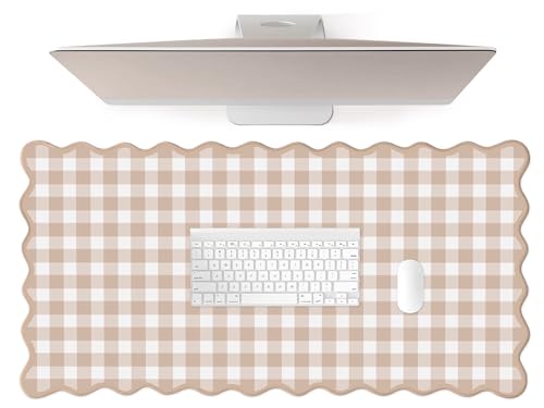 Scalloped‌ Checkered Desk Mat Cute Light Brown Gingham XXL Large Gaming Mouse Pad Farmhouse Cottagecore ‌Vintage‌ Keyboard Computer Mat Pad for Desktop Aesthetic Cozy Office Desk Decor - color: A2-light Brown