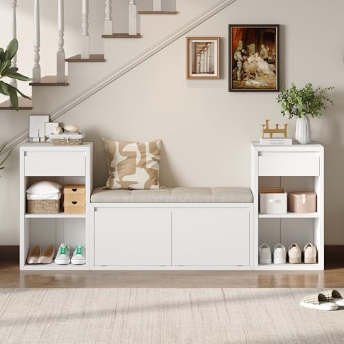 JIJIWANG 77.48" W Entryway Storage Bench with Cushion, 4-in-1 Hallway Bench with Drawers, Compartments and Open Shelves, Mudroom Bench for Shoes and Storage, White - color: White