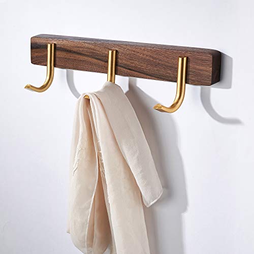 Wall Mounted Coat Rack, Entryway Hanging Coat Rack, Metal Wood Coat Rail with 3 Rustic Hooks Rail for Coat, Scarf, Bag, Towel, Key, Cap, Hat, Walnut Gold Matt - size: 3 Hooks - J Shape