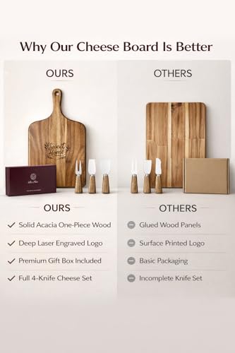 100% Acacia Wood Charcuterie Board Gift Set with Handle & 4 Cheese Knives | Natural Wood Grain | Smooth Polished Finish | Charcuterie & Cheese Board |Hosting & Everyday Serving |Premium Gift Box - size: 15.7