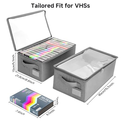VHS Storage Box – 2 Pack Cassette Tape Storage Organizer with Clear PVC Lid – Stackable Storage Box Holds 14 Clamshell VHS Tapes – Gray Media Case - size: VHS-2Pack-Gray