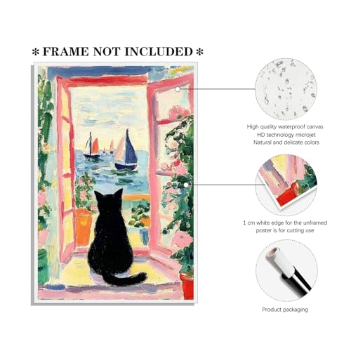 Vintage Colorful Black Cat Wall Art Funny Floral Oil Painting Poster Aesthetic Animal Print Window Landscape Picture for Dorm Bedroom Gallery Living Room or Pet Lover 8x12inch Unframed - color: Colorful - Unframed, size: 8"L x 12"W