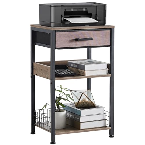 Lerliuo Grey Printer Stand with Fabric Drawer, 3 Tier Industrial Side Table, Modern Small Printer Desk Holder with Storage Shelf,Multi-Functional Bedside Tables for Home Office Fax Machine Scanner - color: Grey