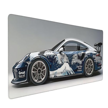 XXL Gaming Mouse Pad, Great Wave Racing Car Design, Non-Slip Rubber Base, Ultra Smooth Surface, Rectangular, 35.4 x 15.7 Inches - color: Great Wave Racing Car