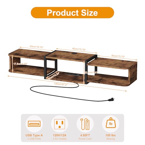 Qupui 47.2'' Wall-Mounted Floating TV Stand with LED Lighting, Modern Wooden Media Shelf Featuring Built-in USB Ports and Electrical Outlets. Under-TV Storage for Living Room, Bedroom, Brown - color: Brown