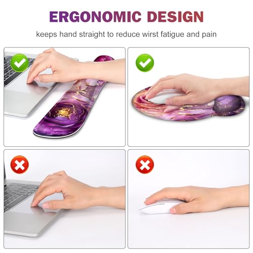 Gaming Mouse Pad, Large Desk Mat, Cute Desk Pad Protector, 4in1 XXL Mousepad + Keyboard Wrist Rest+Mouse Wrist Rest+Coaster Set with Ergonomic Desk Pad for Home Office PC, Marble Rose Purple Flowers - color: Marble Rose Purple Flowers