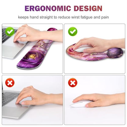 Gaming Mouse Pad, Large Desk Mat, Cute Desk Pad Protector, 4in1 XXL Mousepad + Keyboard Wrist Rest+Mouse Wrist Rest+Coaster Set with Ergonomic Desk Pad for Home Office PC, Marble Rose Purple Flowers - color: Marble Rose Purple Flowers