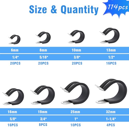 114PCS 304 Stainless Steel Cable Clamps Kit, 8 Sizes 1/4"-1-1/4" | Riveted Reinforced, Rubber Cushioned Insulated Loop, Pipe Clips, Automotive Engine Marine Boat RV, Hose Cable Management - size: 8 Sizes(6mm-32mm) 114pcs