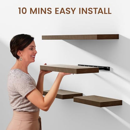Heimlove Solid Wood Floating Shelves 24 inch, 8 Inch Deep Display Shelves Set of 2, Wall Mounted Floating Shelf with Invisible Brackets for Bathroom Bedroom Kitchen Living Room - American Walnut - color: American Walnut, size: 24”Wx8”Dx1.6”H