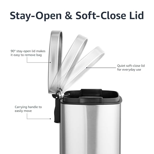 Amazon Basics MINI Trash Can, 1.32 Gallon (5L) Smudge Resistant Rectangular Bin with Soft-Close Lid, Step Foot Pedal, Removable Inner Bucket, Brushed Stainless Steel, for Bathroom, Satin Nickel Finish - size: Mini, 5L/1.32 Gal