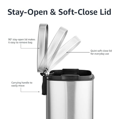 Amazon Basics MINI Trash Can, 1.32 Gallon (5L) Smudge Resistant Rectangular Bin with Soft-Close Lid, Step Foot Pedal, Removable Inner Bucket, Brushed Stainless Steel, for Bathroom, Satin Nickel Finish - size: Mini, 5L/1.32 Gal