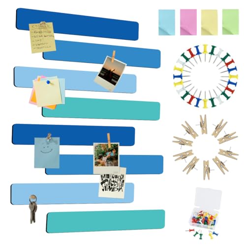 Vuzvuv 8 pcs Bulletin Board Bar Strips with 50 Pushpins & 10 Wooden Clip pins，Self Adhesive Cork Board for Wall，Felt Pin Board for School，Office Decor(Sea Blue) - color: Sea Blue