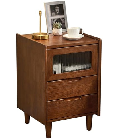 Mid-Century Modern Rubber Wood Nightstand, Narrow Bedside Table with Fluted Glass Cabinet & 2 Drawers, Walnut Finish for Small Bedroom Living Room, 15.75" W×15.75" D×23.81" H - size: 15.75"W × 15.75"D × 23.81"H