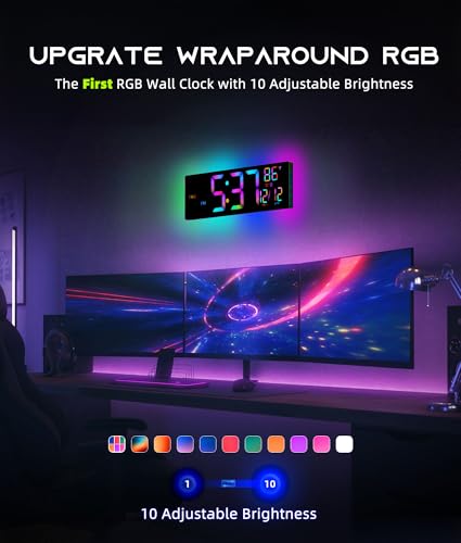 EASYERA 16.5" Large Digital Wall Clock with BT Sync, RGB Lights with 11 Scenes Mode Remote Control, Dual Alarms with Big LED Display, Auto DST, Temperature for Classroom Gaming - color: Black