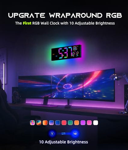 EASYERA 16.5" Large Digital Wall Clock with BT Sync, RGB Lights with 11 Scenes Mode Remote Control, Dual Alarms with Big LED Display, Auto DST, Temperature for Classroom Gaming - color: Black