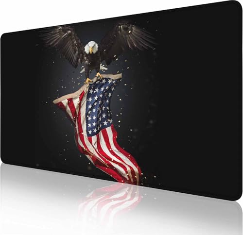 Gaming Mouse Pad Large, Keyboard Mouse Mat Desk Pad, Non-Slip Rubber Base with Stitched Edges Mousepad, 31.5X15.7 inch North American Bald Eagle with American Flag - color: Bald Eagle With American Flag, size: 31.5L x 15.7W inches