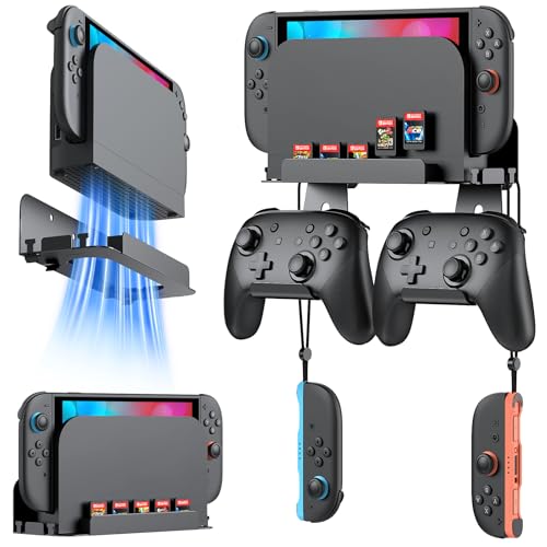 [Switch 2/1/OLED Compatible] Auarte Metal Wall Mount for Nintendo Switch 2 Console 2025, Switch 2 Accessories Organizer Shelf Base Kit Behind TV with Hook for Joypad/P-controller and 5 Card Slots - size: P-controller organizer