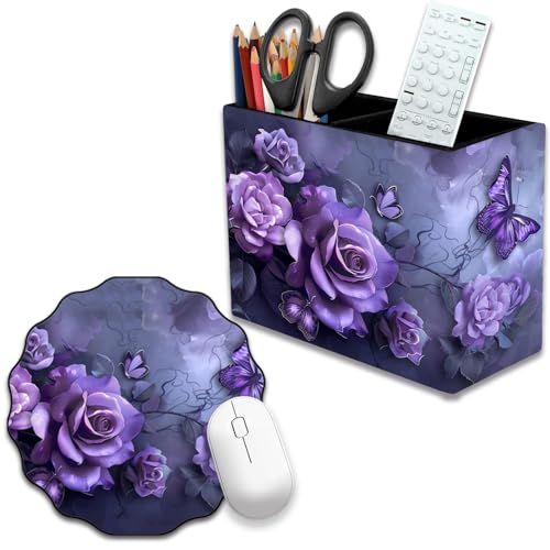 Pen Holder and Anti-Slip Mouse Pad Combination, Makeup Brush Storage Box, Tableware Storage Box, Suitable for Office and Home - Purple Rose - color: Purple Rose