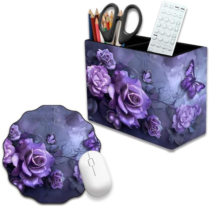 Pen Holder and Anti-Slip Mouse Pad Combination, Makeup Brush Storage Box, Tableware Storage Box, Suitable for Office and Home - Purple Rose - color: Purple Rose