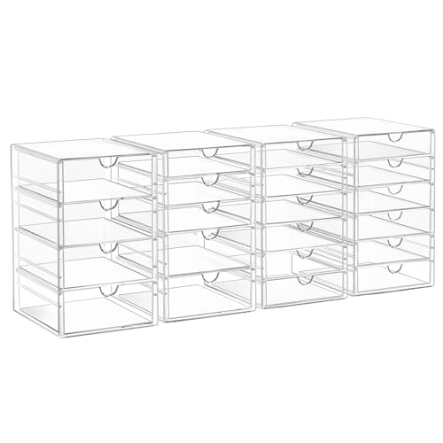 AMALEKO Acrylic Drawer Organizers - 21 Drawers 4 Set - Clear Storage Drawers for Office Supplies - Stackable Makeup Organizer - Dustproof Desk Organizers for Makeup, Jewelry, Pen, Stationary
