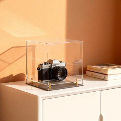 Acrylic Display Case for Collectibles, Dustproof Acrylic Box with Clear Display Elevation & Gold Risers, Large Display Case for Figures Toys Memorabilia, 8" L x 8" W x 8" H - size: 8"L x 8"W x 8"H