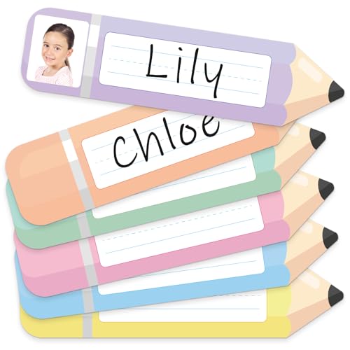 60Pcs Pastel Pencils Desk Name Tags for Classroom Back to School Photo Name Plates Students Label Sticker with Photo for Teacher Supplies Classroom Nursery First Day of School Party Decorations