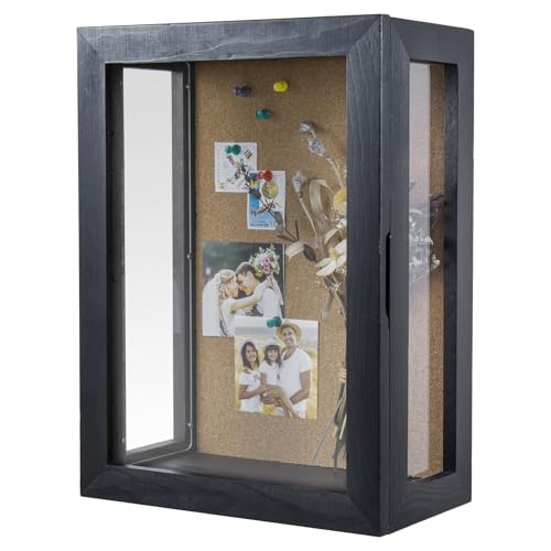 MyGift Deep Shadow Box Frame 11x15 Inch, Wall Mounted Display Case for Flowers, Picture, Vintage Coal Black Finish and Cork Backing, Solid Wood, Clear Acrylic Panels, Hinged Door Magnetic Closure - color: Black