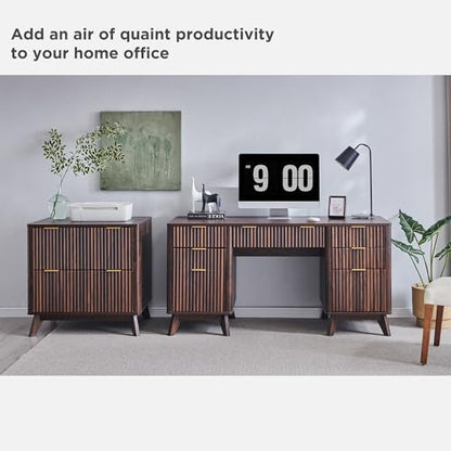 T4TREAM 60'' Fluted Executive Desk with Drawers, Modern Home Office Computer Desk with Charging Station, Keyboard Tray, File Drawer and Storage Cabinet for Study, Living Room, Bedroom, Dark Walnut - color: Dark Walnut