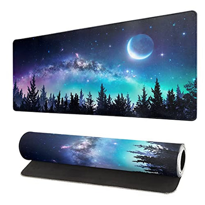 Extended Gaming Mouse Pad, XL Large Keyboard Mouse Mat Desk Pad, Stitched Edges Mousepad, 3mm Thick Long Non-Slip Rubber Base Mice Pad, 31.5 X 11.8 Inch, Forest Moon Galaxy - color: Forest Moon Sky