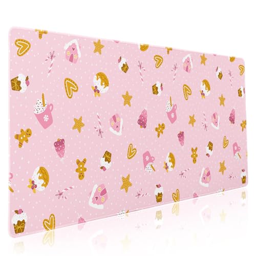 Pink Christmas Gaming Mouse Pad XXL Cute Kawaii Cupcake Gingerbread Extended Big Large Desk Mat Non-Slip Rubber Base Stitched Edge Xmas Holiday Keyboard Mousepad for Computer Laptop,35.4×15.7 Inch - color: Pink Christmas, size: XX-Large
