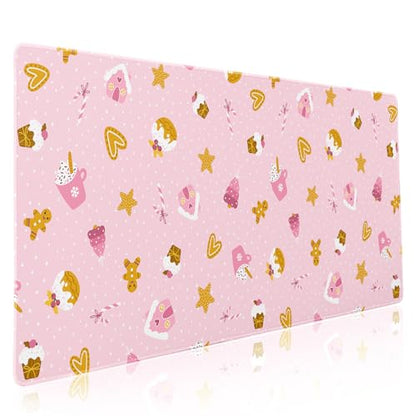Pink Christmas Gaming Mouse Pad XXL Cute Kawaii Cupcake Gingerbread Extended Big Large Desk Mat Non-Slip Rubber Base Stitched Edge Xmas Holiday Keyboard Mousepad for Computer Laptop,35.4×15.7 Inch - color: Pink Christmas, size: XX-Large