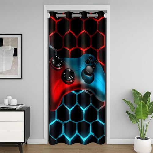 Manfei Modern Cool Honeycomb Gamer Door Doorway Curtain,Neon Blue Red Game Controller Blackout Curtain,Abstract Video Game Door Drape for Partition Privacy Shading Decor,52" W X 80" L - color: Black 02, size: 52"W x 80"L (Pack of 1)