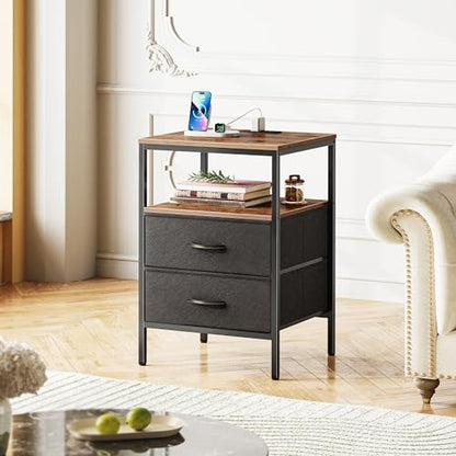 Huuger Night Stand with Charger Station, 27.7 Inch Tall Nightstand, Bed Side Table with 2 Fabric Drawers, Fabric Drawer Dresser for Bedroom, Living Room, Rustic Brown and Black - color: Rustic Brown and Black, size: 11.8"d X 17.7"w X 27.7"h (2 Drawers)