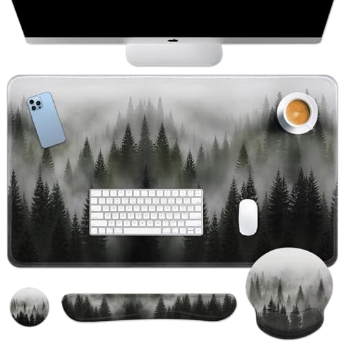 Arttown Misty Desk Mat Forest Mouse Pad Set 4 in 1 Tree Foggy Ergonomic Design Large Desk Pad + Keyboard Wrist Rest + Mouse Wrist Rest + Coaster Suitable for Home Office Study Game - color: Forest in Fog