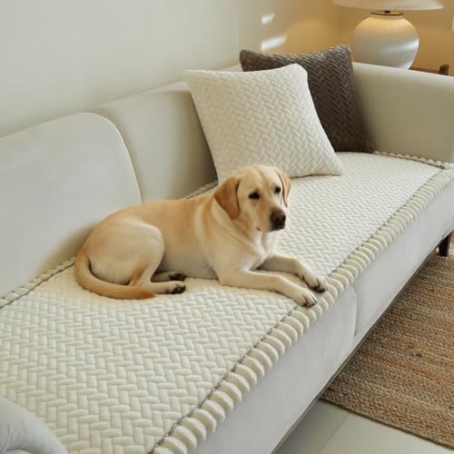 Herringbone Couch Cover for Dogs - Large Silicone Particles Non Slip Pet Sofa Protector Thick Soft Furniture Mat for Dogs Cats Washable Heavy Duty Slipcover for 3 Cushion Couch, Sectional - color: Hb-white, size: 27.6" x 82.7"