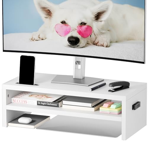 BONTEC Wood Monitor Stand Riser, 2-Tier Desktop Organizer with Storage, Ergonomic Computer Stand for Desk, Cable Management, Cellphone Holder, 21.3 Inch Shelf, White - color: White, size: 21.3 Inch