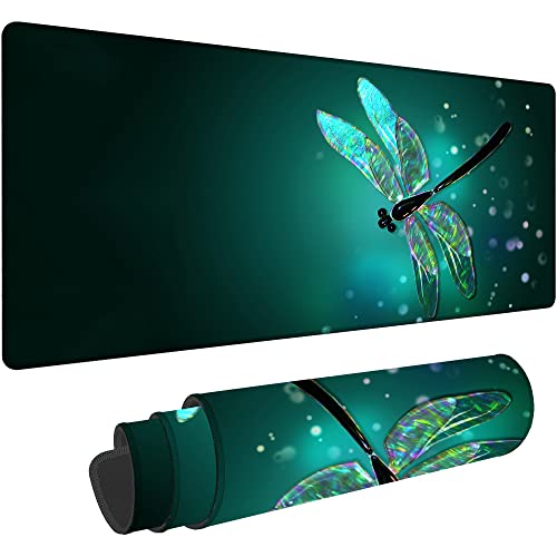 Dragonfly Gaming Desk Mat Large, Fantasy Green Dragonfly Extended Mousepad,Non-Slip Rubber Mouse Pad Stitched Edges,Desktop Decorative Accessories for Home Office 31.5" x 15.7" - color: Fantasy Green Dragonfly