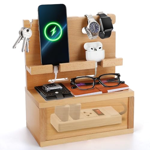 Beechwood Nightstand Organizer with Cable Management Box - Phone Docking Station Gifts for Him Men Boyfriend Husband Birthday Anniversary, Light Yellow