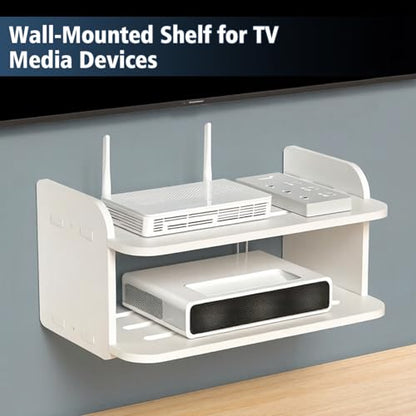 Tissting WiFi Router Floating Shelves White Wall Mount Under TV Shelf 30 x 20 x 15 cm Set Top Box Stand No Punch Game Console Rack for Living Room Bedroom