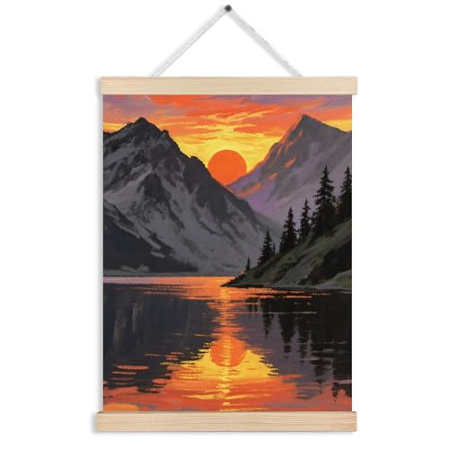 FITIE Watercolor Sunset Mountain Lakeside Scenery Wall Art Poster Framed, Abstract Orange Sunset Nature Landscape Canvas Wall Art Prints for Home Office, 12x16 Inches - color: Color-Mountain Lakeside Landscape 07