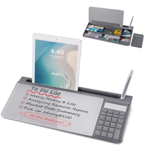 Small Glass Desktop Whiteboard Dry-Erase-Board - Computer Keyboard Stand with Calculator White Board Surface Pad with Drawer, Desk Organizers with Accessories for Office, Home, School Supplies - Grey - color: Calculator - Grey
