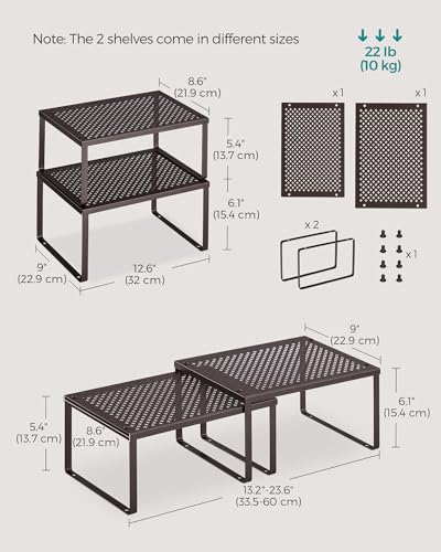SONGMICS Spice Racks, Set of 2 Metal Cabinet Shelf Organizers, Countertop Organizers, Shelf Risers, Stackable, Expandable, Brown UKCS01BR - color: Brown, size: 9"D x 12.6"W x 6.1"H + 8.6"D x 12.6"W x 5.4"H